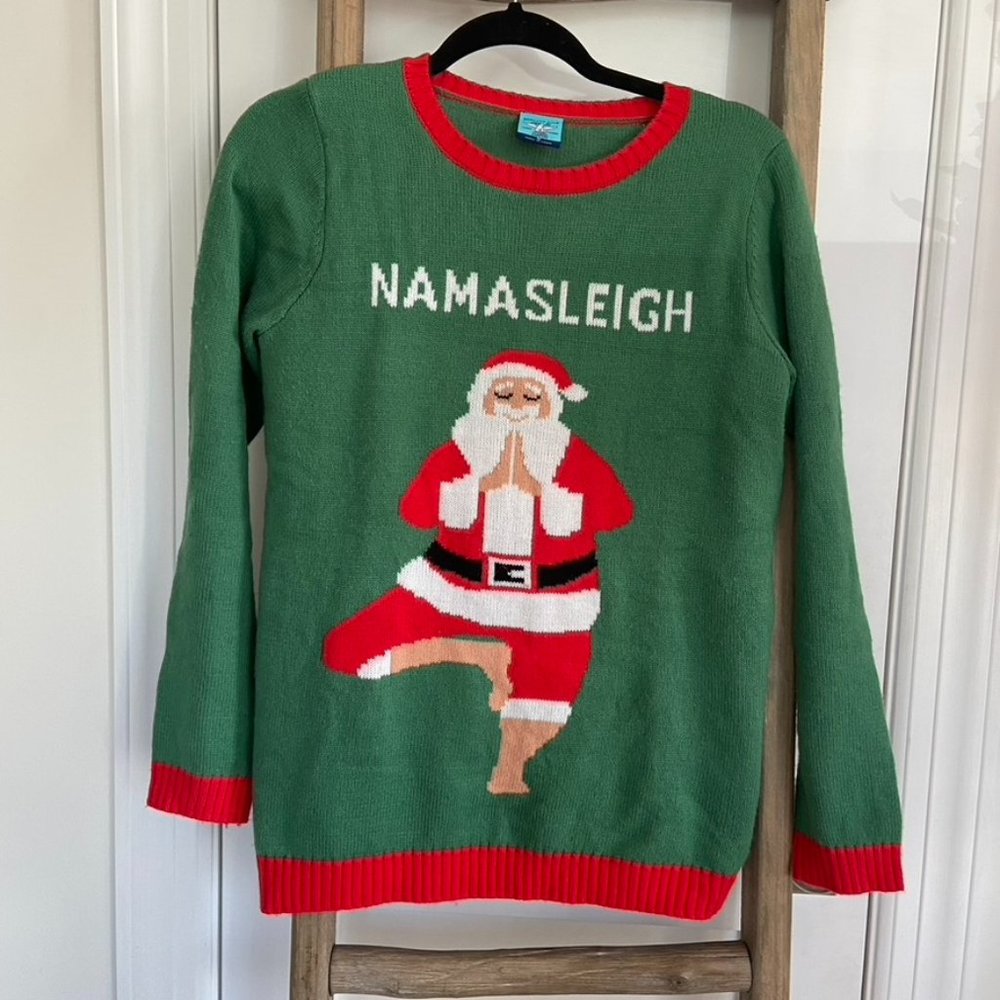 Norther Pole Nama Sleigh Christmas Sweater Women Green Santa Yoga